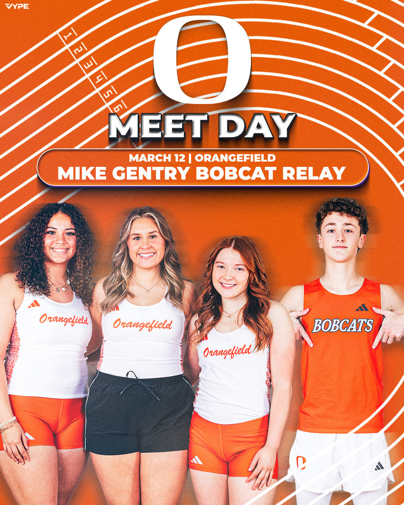 Four individuals in athletic wear pose together. Two women and two men. Orange background with text reading "O Meet Day".