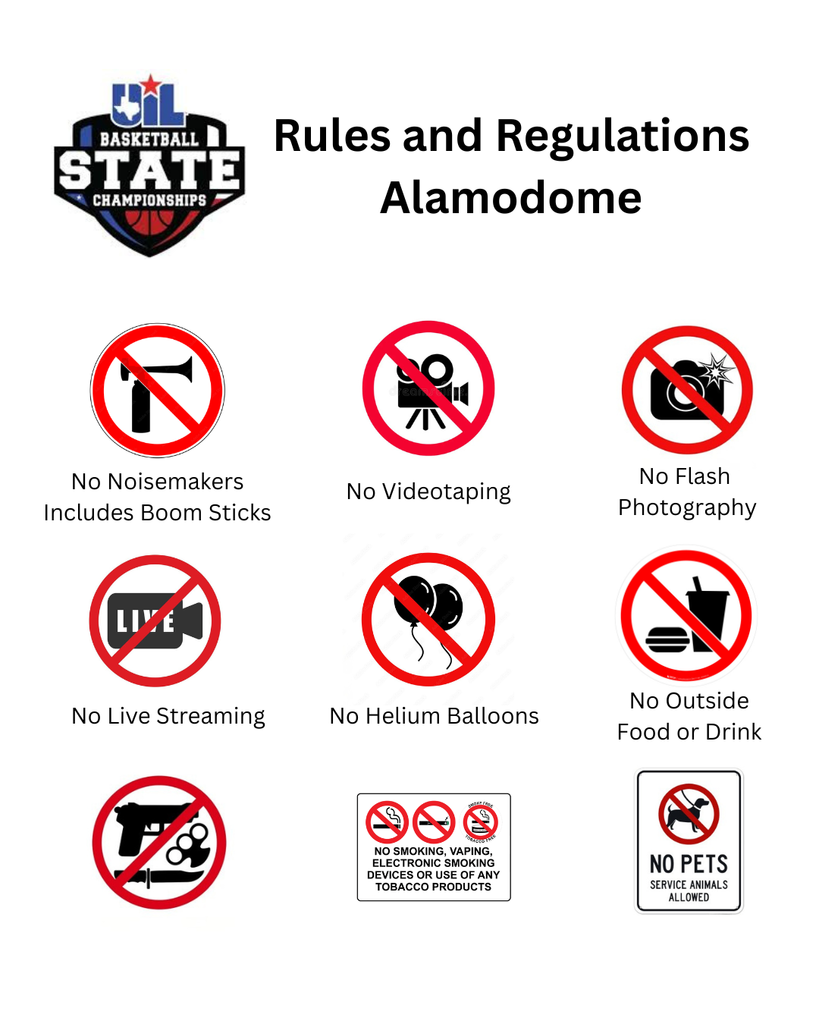 Rules and regulations for an event, including no noisemakers, videotaping, flash photography, live streaming, helium balloons, outside food, drink, smoking, and pets.