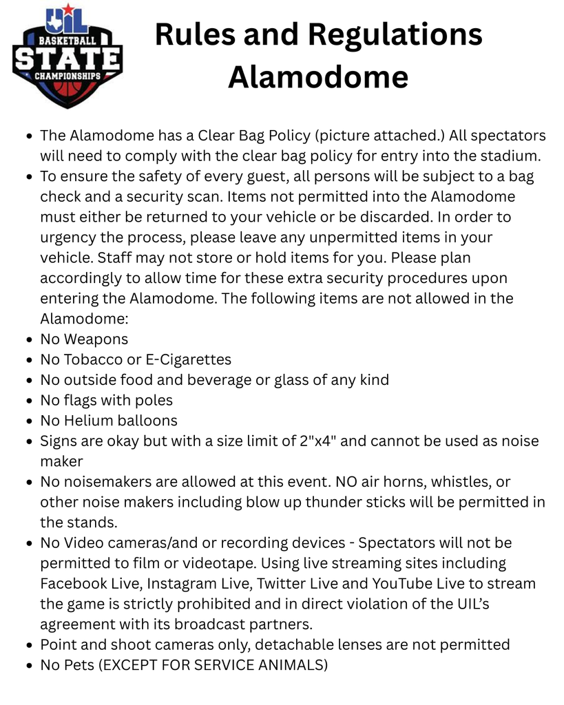 White page with blue text. Titled "Rules and Regulations Alamodome" with text describing entry, prohibited items, and noise.
