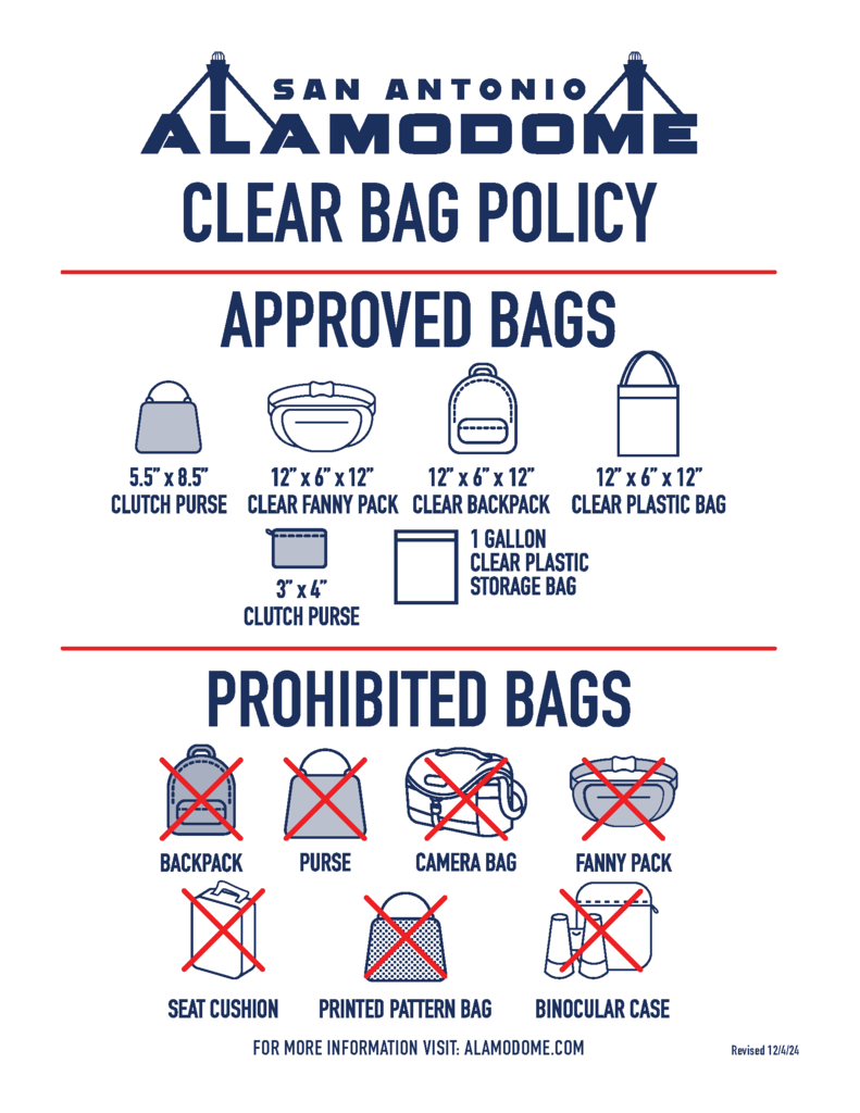 Poster for Alamodome's clear bag policy. Two rows show approved and prohibited bags, with each bag listed and a symbol to indicate its status.