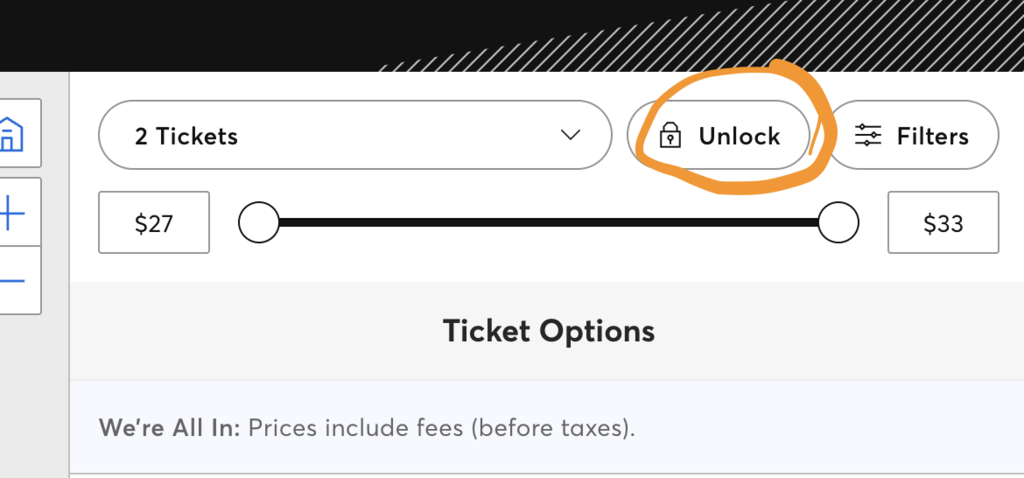 A screenshot of a ticket selection page with a slider and options including 'Unlock', 'Filters', and ticket prices.