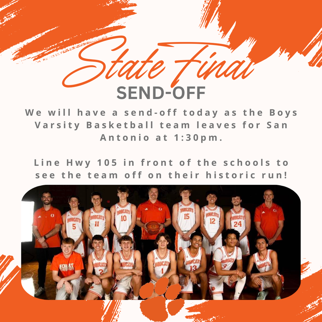 Banner with text "State Final Send-Off" and a photo of a basketball team in red jerseys.