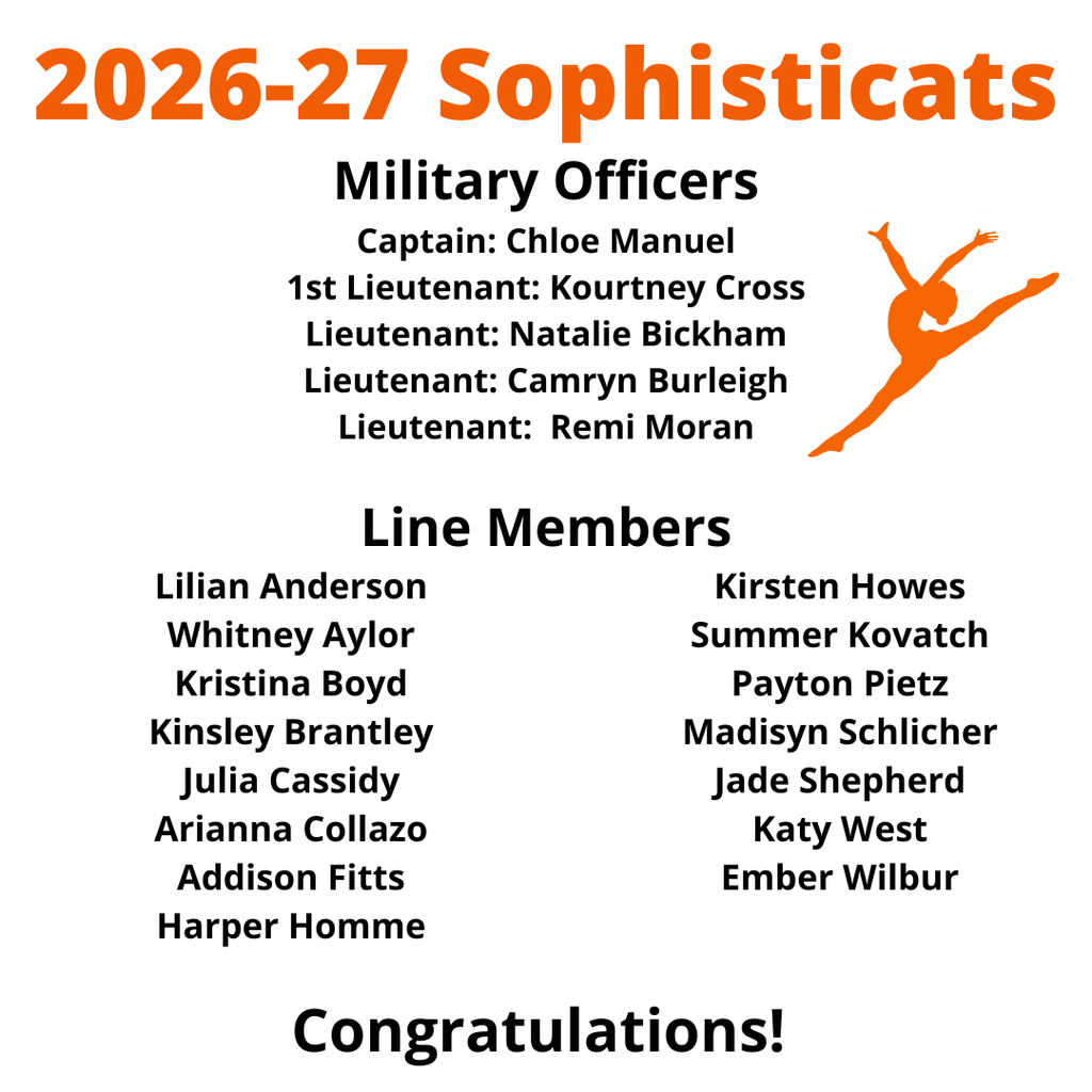 A list of names and roles titled "2026-27 Sophisticats" includes military officers and line members. A dancer's silhouette is in the top right corner.