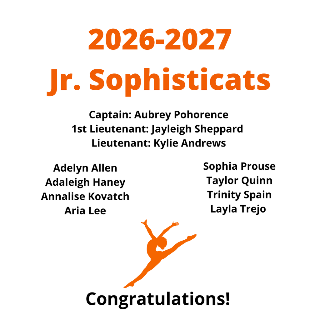 A poster announces the 2026-2027 Jr. Sophisticats team. It includes names of team members, their roles, and a silhouette of a dancer.