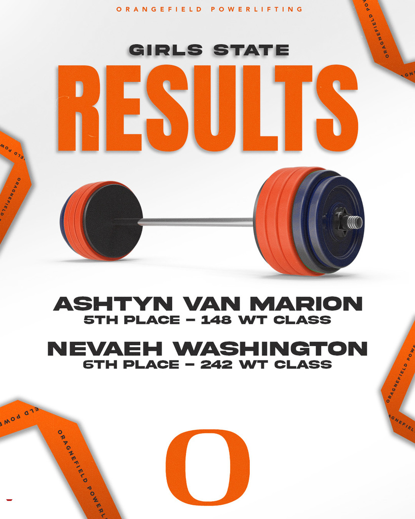 Poster showing barbell with results of girls' powerlifting competition. Text reads "Girls State Results" and lists competitors and their rankings.