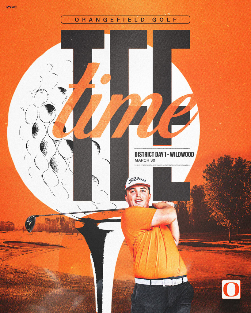 Orange background with a golfer in an orange shirt holding a golf club. The words "Time" are in black.
