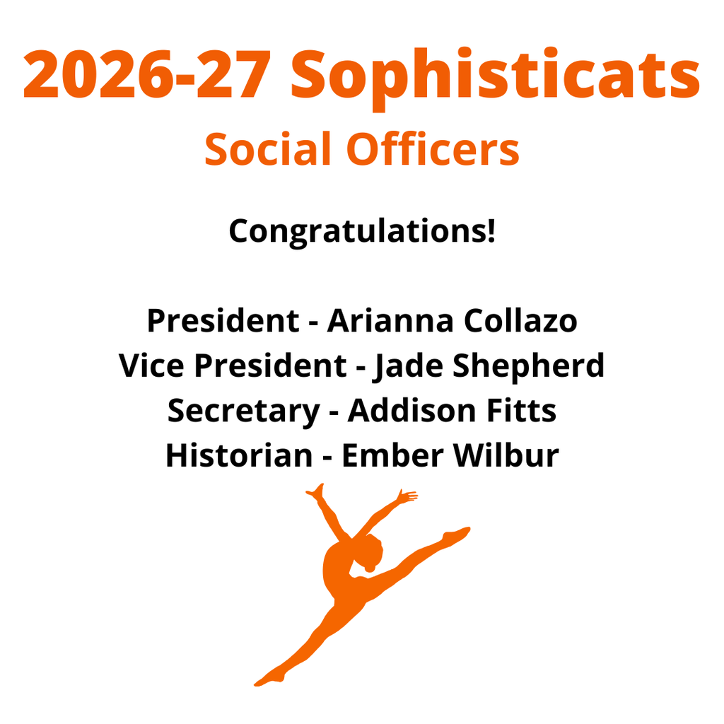 A poster congratulates the 2026-27 Sophisticats Social Officers. Positions are listed with officers' names. An orange figure dances in the foreground.