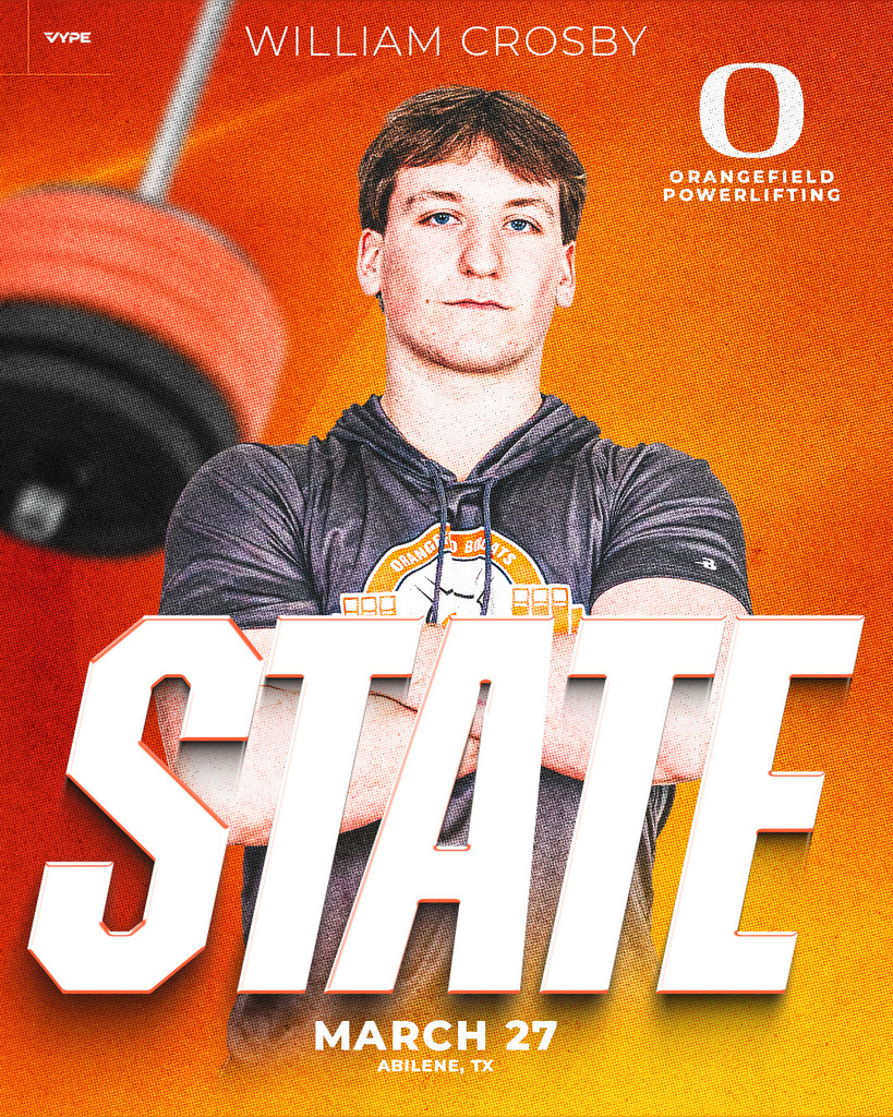 Orange background with a barbell on left and "STATE" in large white letters. Man in gray hoodie, arms crossed, smiling.