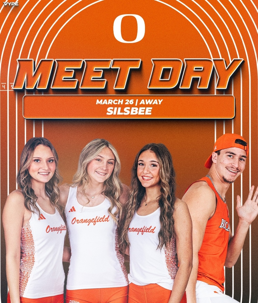 Four athletes stand in front of a background of orange lines. They wear white and orange uniforms. The words "O Meet Day" are above them.