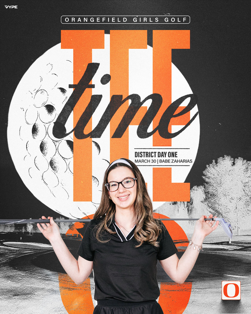 A woman with glasses holds a golf club, smiling at the camera. Background includes a golf ball, text "TTI time", and blurred trees.