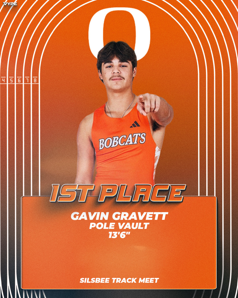 A sports poster featuring a man in orange jersey reading "BOBCATS". Below, a text reads "1ST PLACE" with "GAVIN GRAVETT POLE VAULT 13'6"".