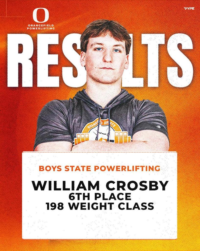A poster shows a man named William Crosby with arms crossed. He placed sixth in the boys state powerlifting 198-pound class.