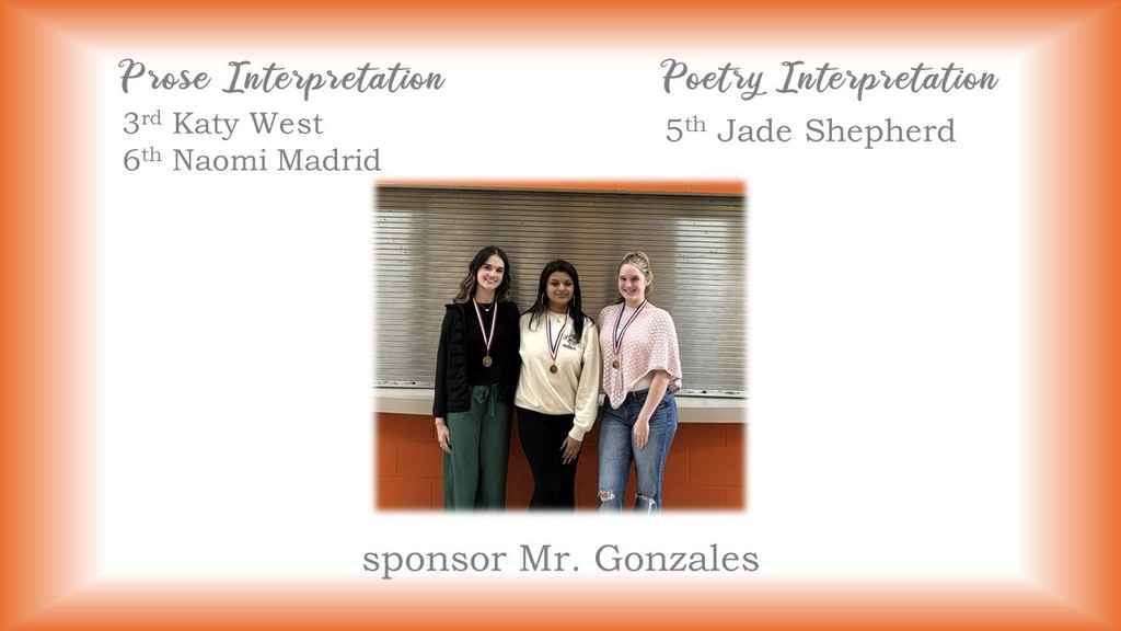 Three women stand in front of a white board with an orange border, each holding a medal. Text above them reads "Prose Interpretation" and "Poetry Interpretation" with names.