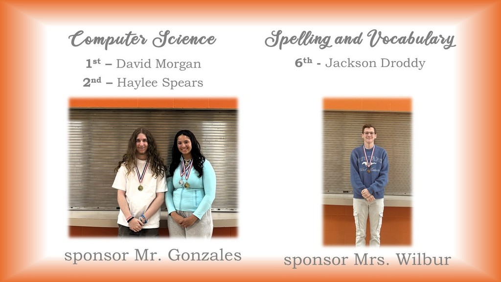 Three individuals are standing in front of a wall with text above and below them. Text includes Computer Science and Spelling and Vocabulary.