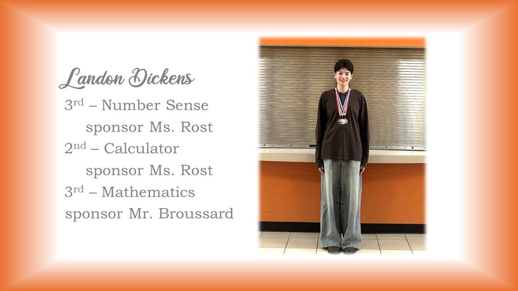 An individual stands in front of a glass wall, wearing a medal. Text overlays list achievements: Number Sense, Calculator, and Mathematics.