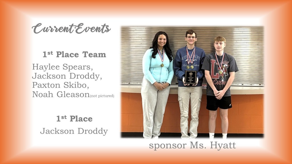 Three people in front of an orange wall. Two of them wear medals. Text reads "Current Events" at top and "1st Place Jackson Droddy" below.