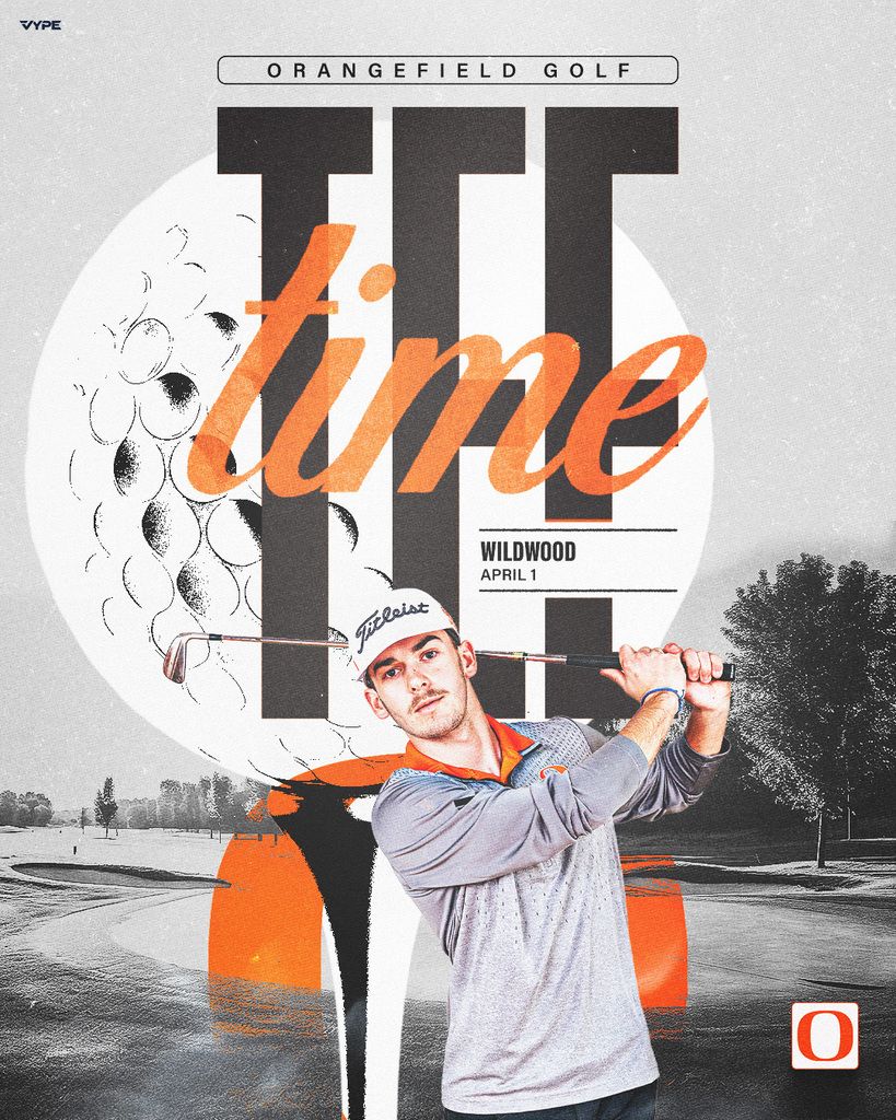 A golfer swings a club on a golf course. The golfer wears a cap and a shirt. The image has a vintage, orange, and black color scheme.