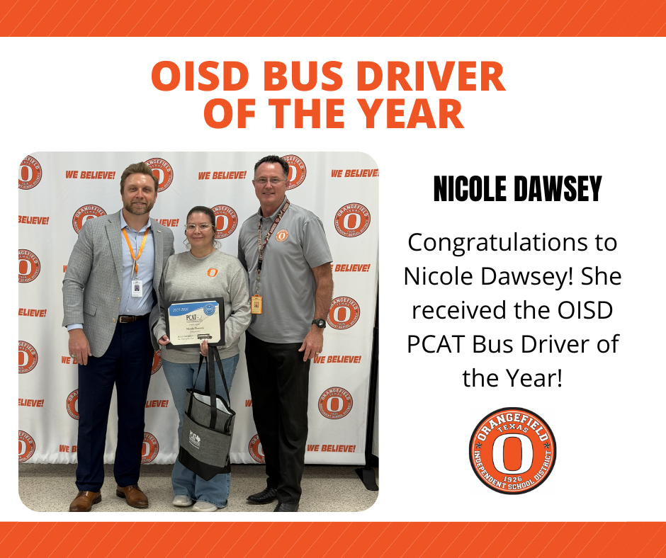 Three people stand near a white backdrop. A man and a woman hold awards. The woman holds a bag. Text reads "OISD Bus Driver of the Year" and "Nicole Dawsey".