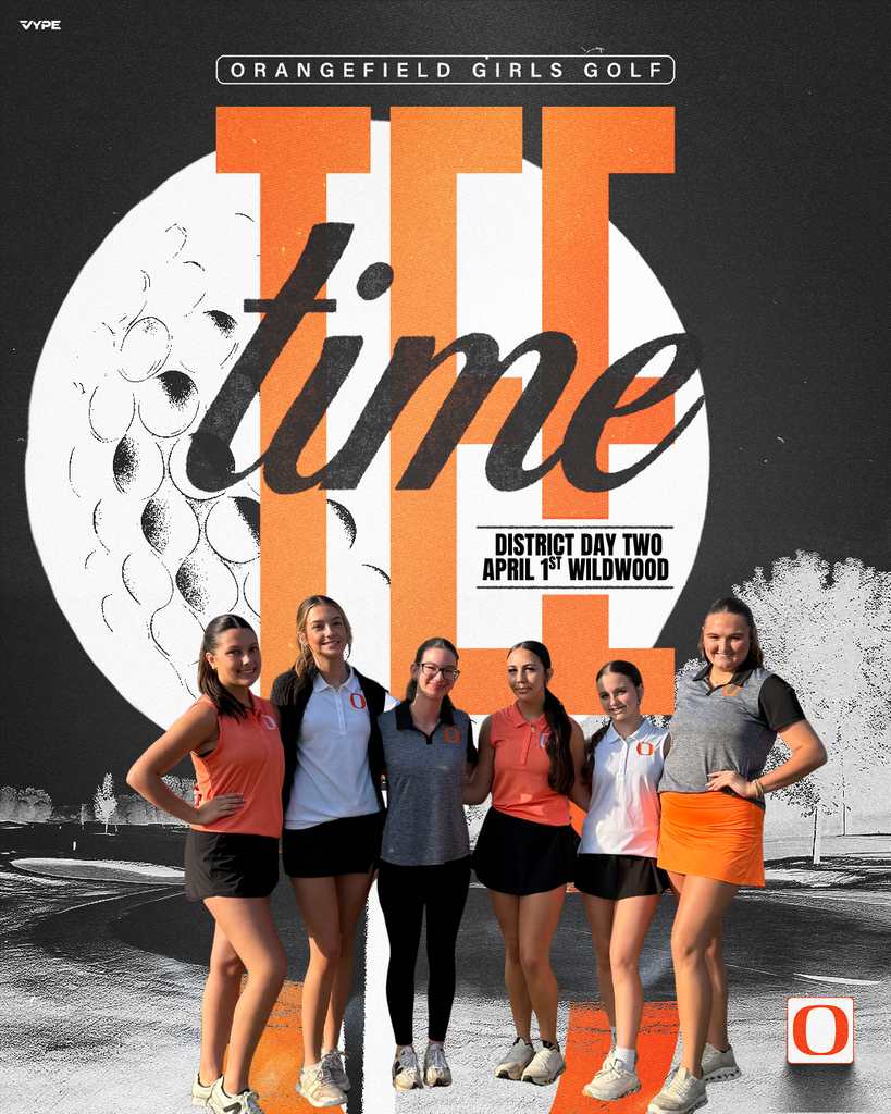 Five women stand on a golf course. They wear matching uniforms. A golf ball appears in the background.