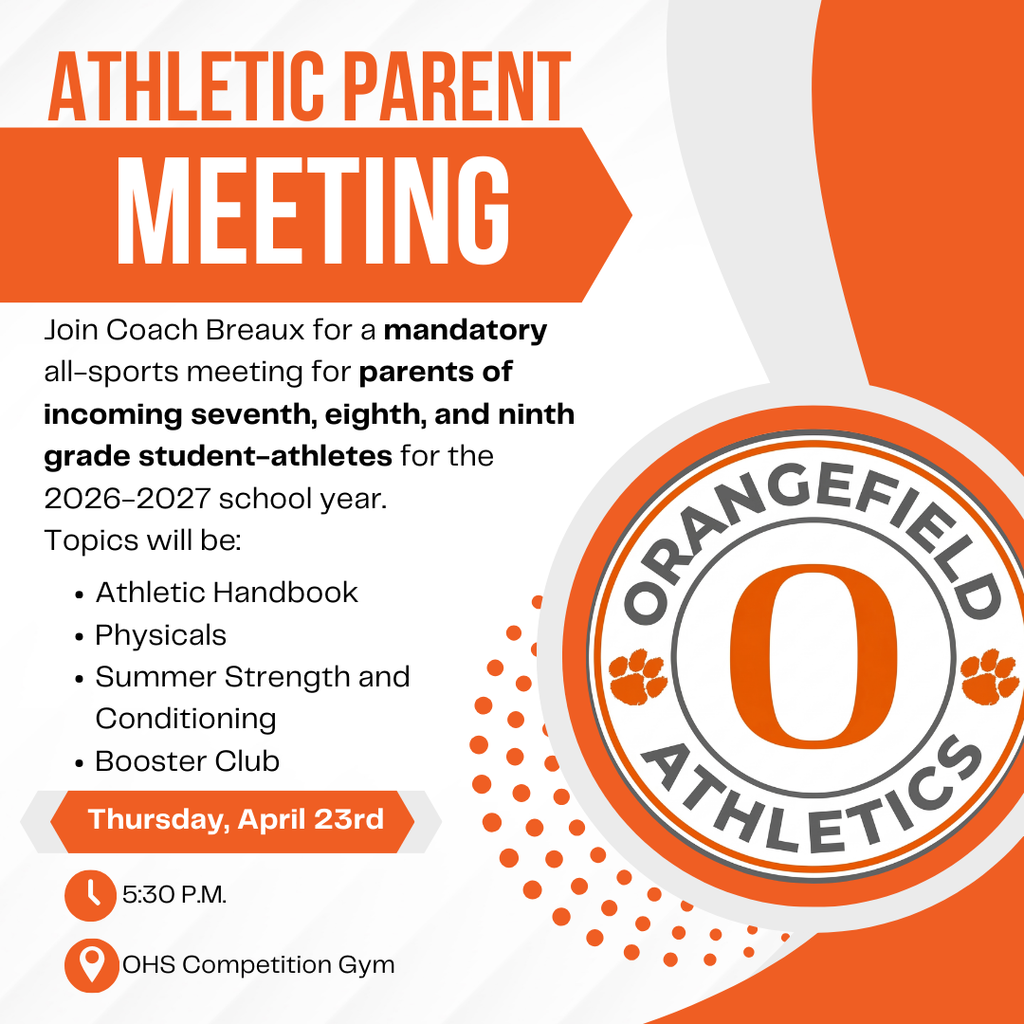White and orange text on a white background. "Athletic Parent Meeting" heading. Location and date details. Topics listed.