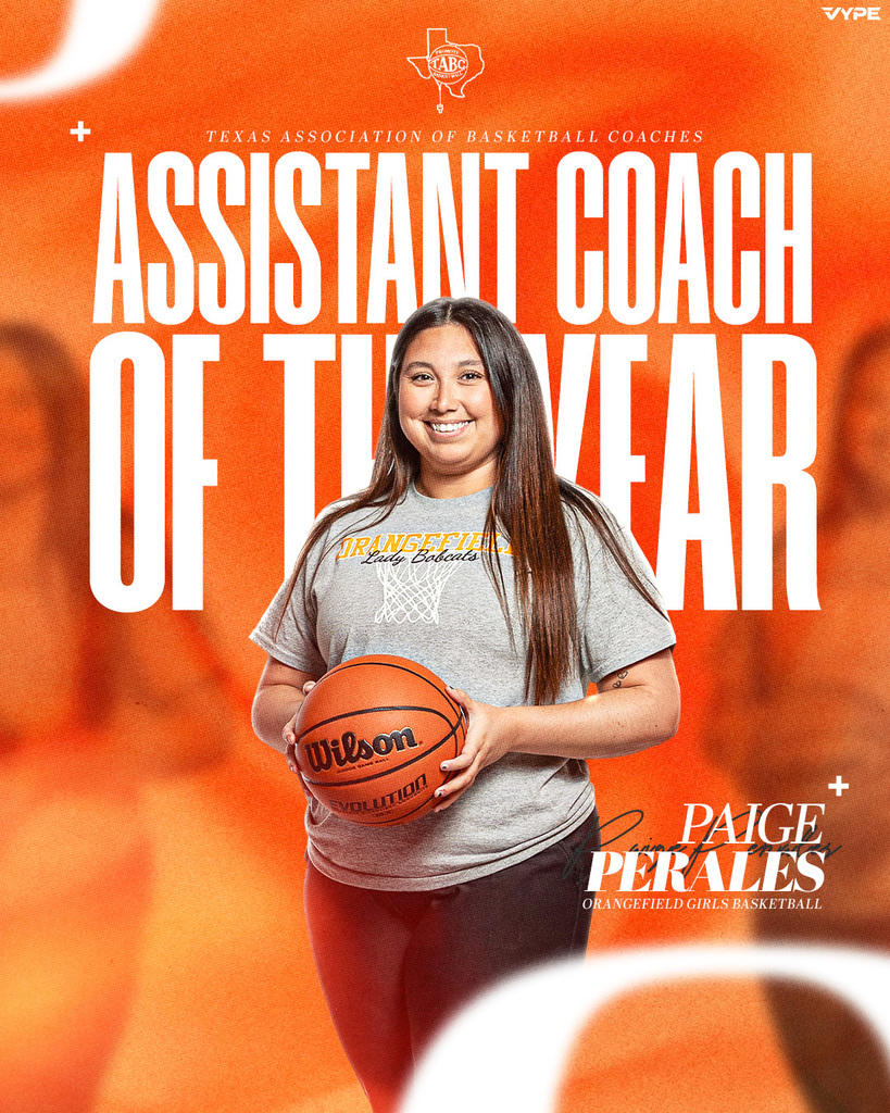 A woman stands with a basketball, wearing a gray shirt, against an orange background. Text reads "Assistant Coach of the Year" with the name Paige Perales.