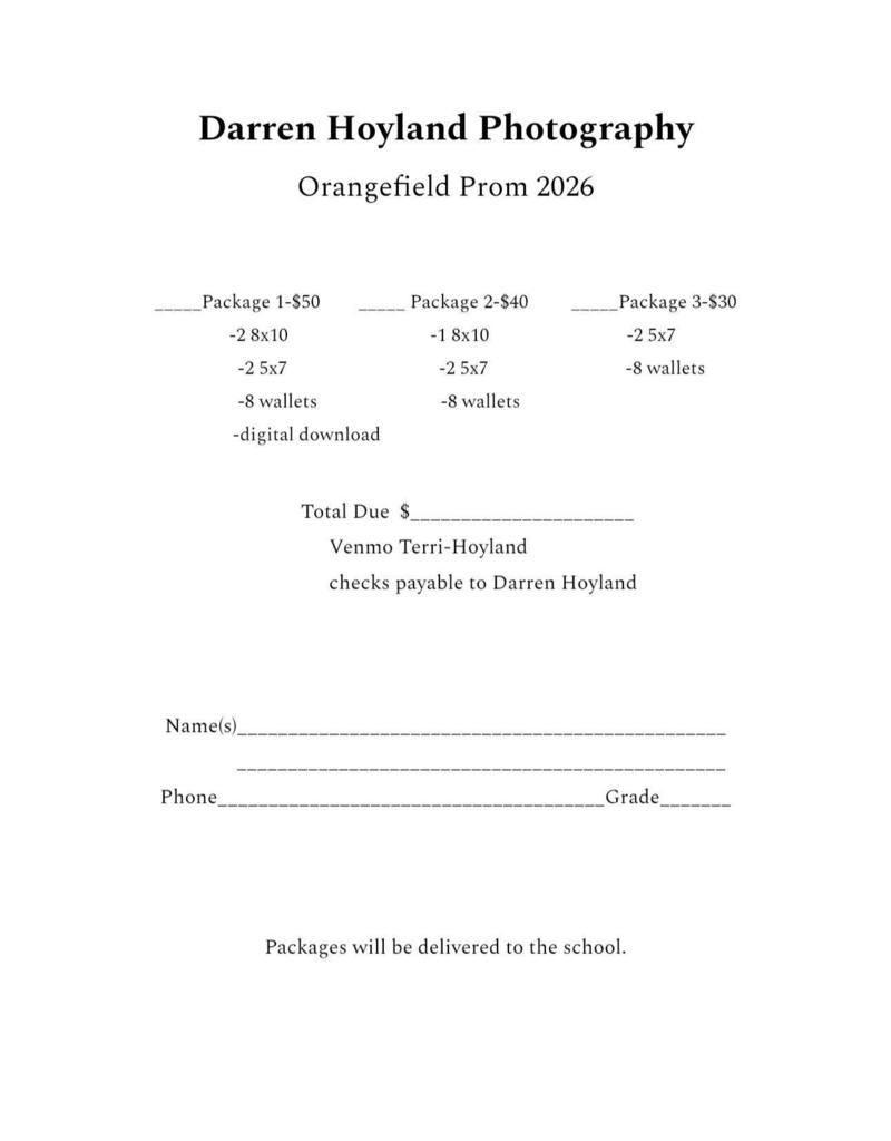 A form titled "Darren Hoyland Photography" with a heading "Orangefield Prom 2026" includes three photography package options and their prices.