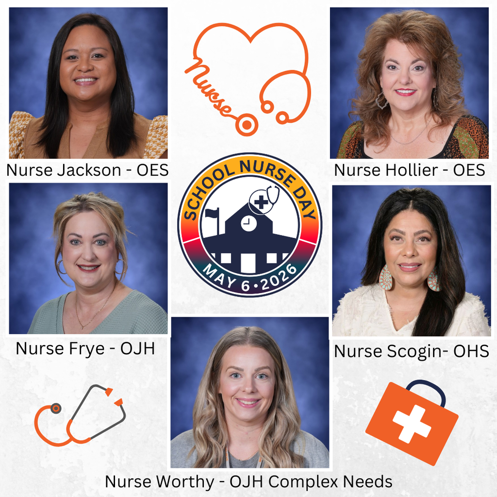 Five female nurses from different schools. The center logo reads "School Nurse Day May 6, 2028".