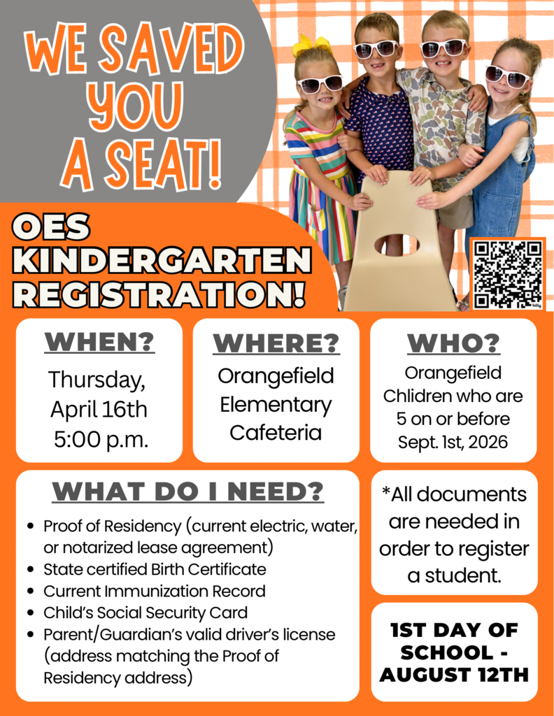 Orangefield Elementary cafeteria hosts kindergarten registration on Thursday, April 16th, from 5:00 to 9:00 PM. Documents needed include proof of residency, immunization records, and a social security card.