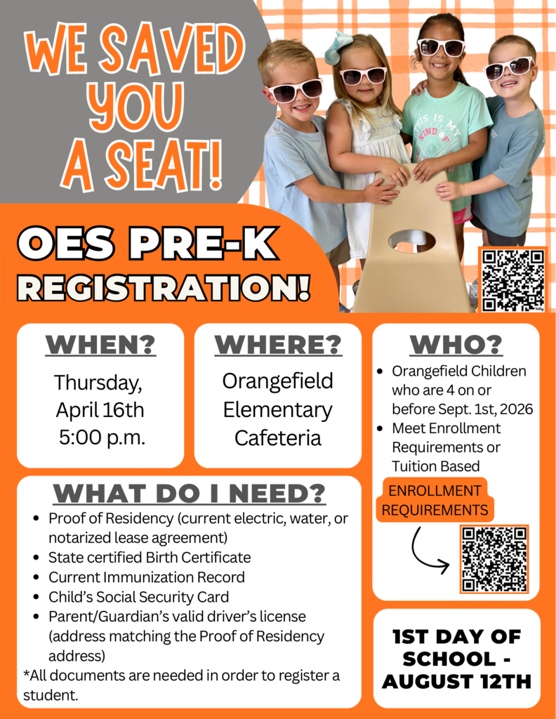 Text overlays an image of four children. Background includes orange and white. Text reads, "We Saved You A Seat! Oes Pre-K Registration."