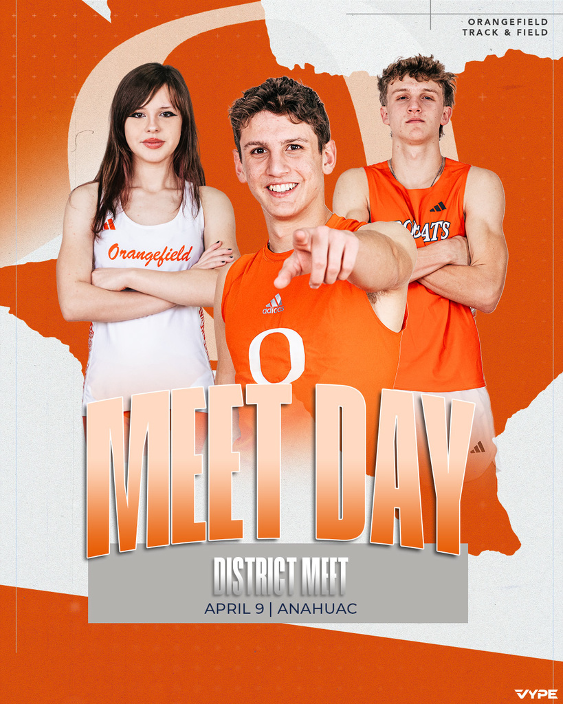 Three young athletes in sports gear, smiling and pointing at a poster that reads "MEET DAY DISTRICT MEET April 9 | ANAHUAC".