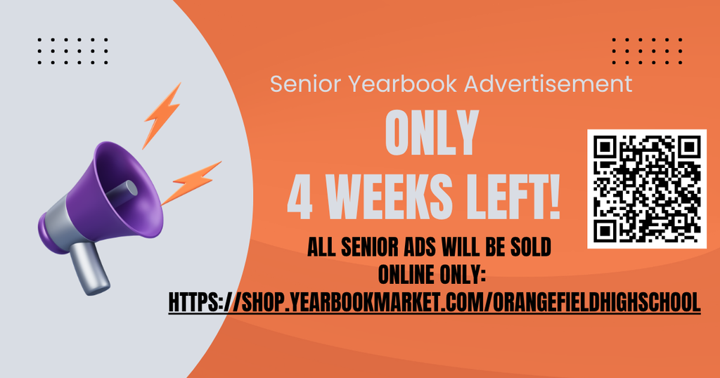 An orange and white banner displays an advertisement for yearbook sales with 4 weeks left. Includes a megaphone and QR code.