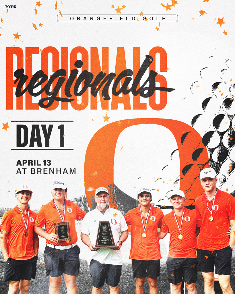 Six golfers in orange jerseys and caps pose with medals and trophies on a white background with a large orange letter "O".