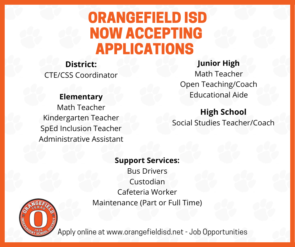 Document with white background. Text in bold red and black. Positions available listed under categories. Apply online at www.orangefield.net.