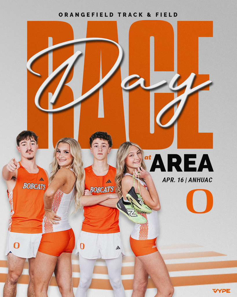 Four athletes in orange uniforms pose for a track and field event. The words "RACE DAY" are prominent.