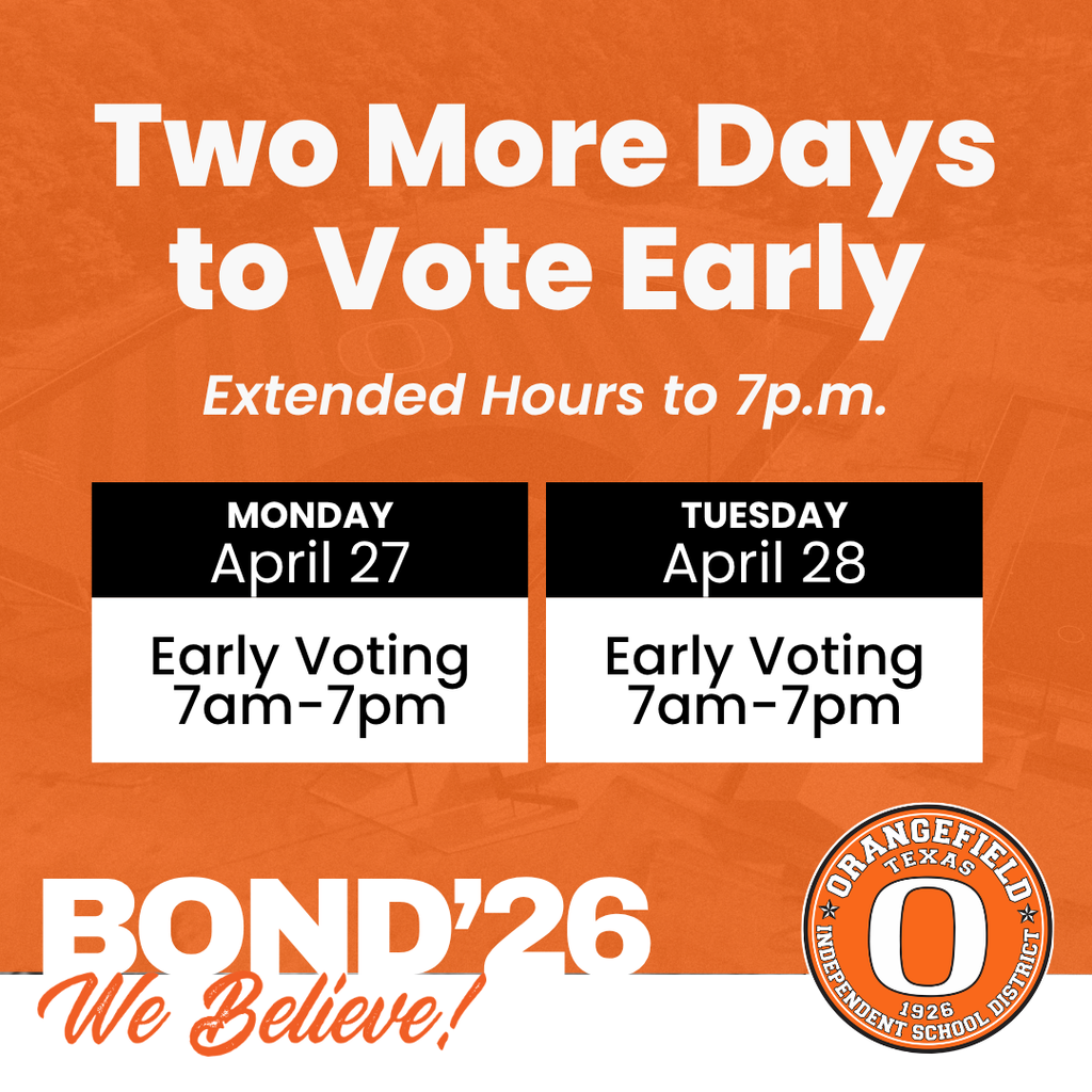Poster with red background advertising early voting hours on April 27 and 28 from 7am to 7pm.