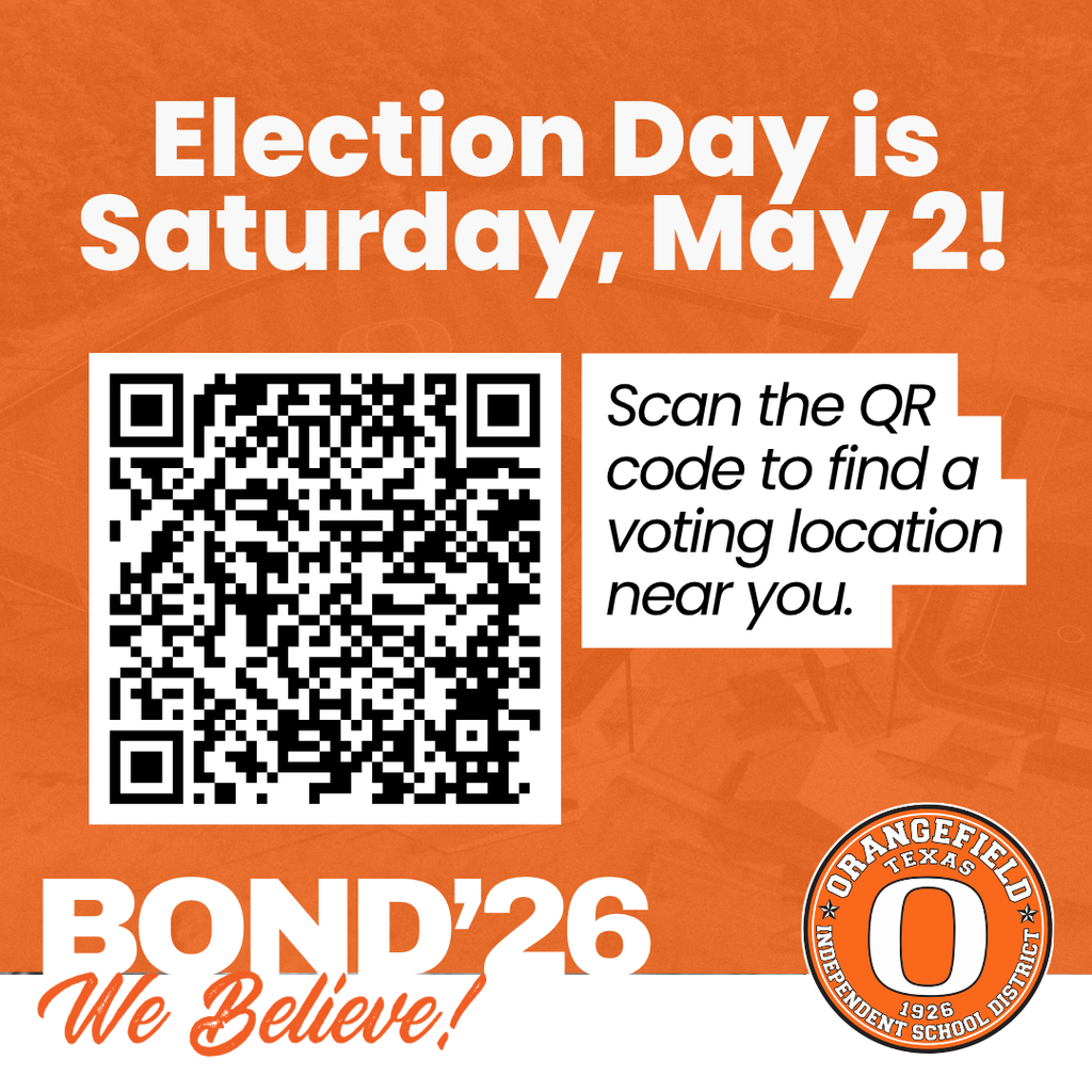 Orange background with bold text and a QR code. Text reads: "Election Day is Saturday, May 2!" Below is "Scan the QR code to find a voting location near you."