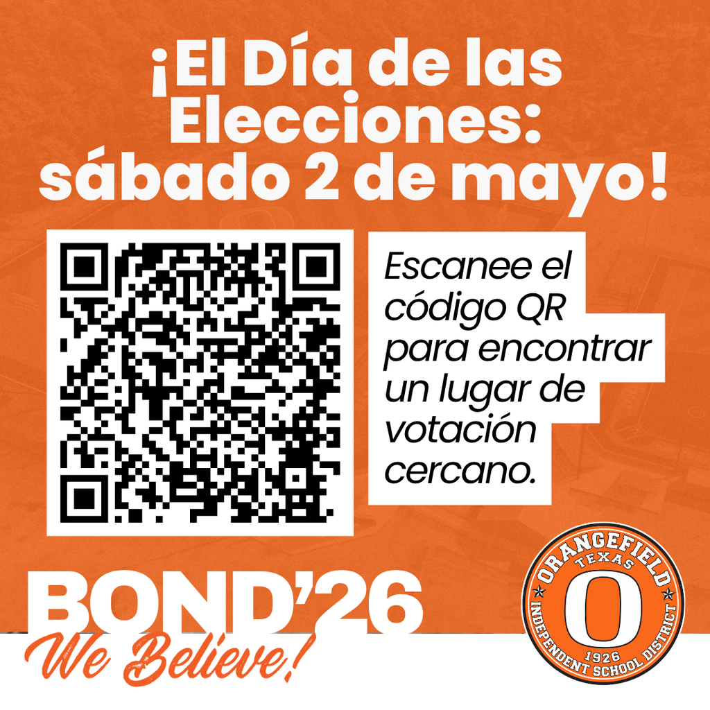Poster with orange background. Spanish text reads "El Dia de las Elecciones: sabado 2 de mayo!" QR code below.