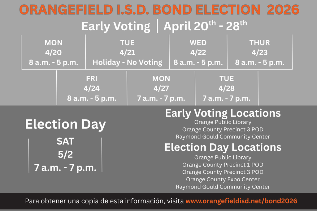 Poster with election dates and times, including early voting and election day, along with locations.