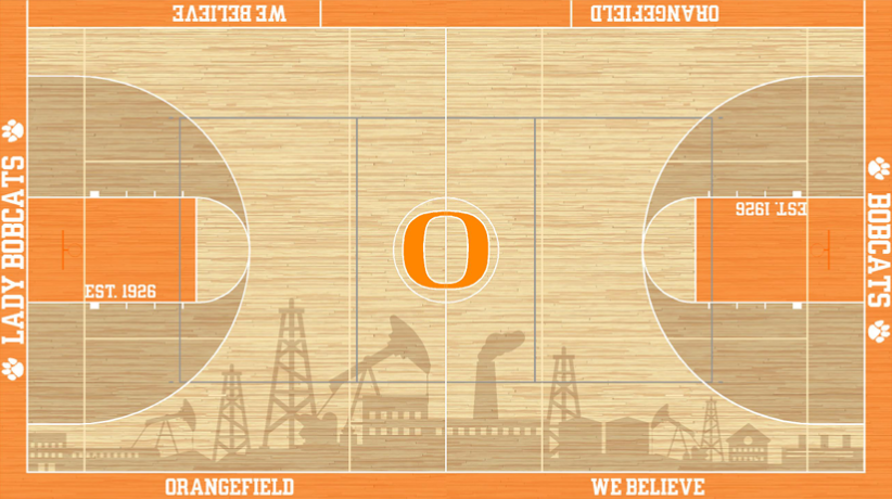 A basketball court design with "O" at center. "Orangefield" and "We Believe" at the bottom. Oil rigs and factories in the background.