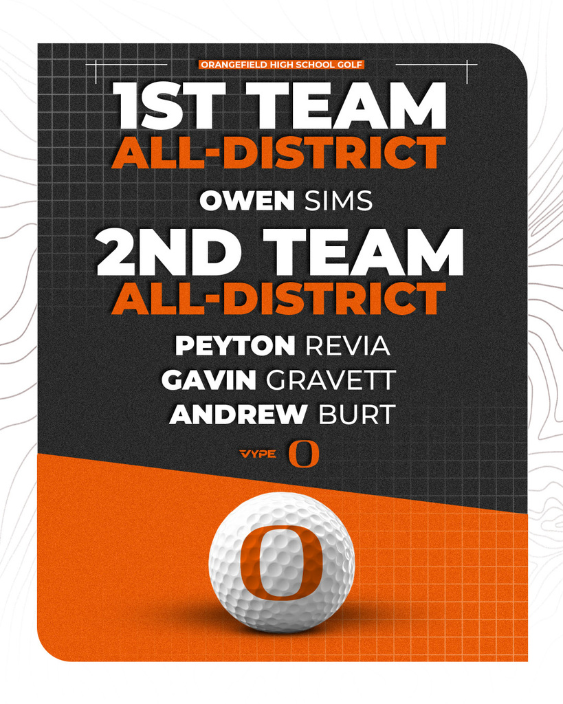 Black and orange background with a white golf ball. Names of players Owen Sims, Peyton Revia, Gavin Gravett, and Andrew Burt are listed.