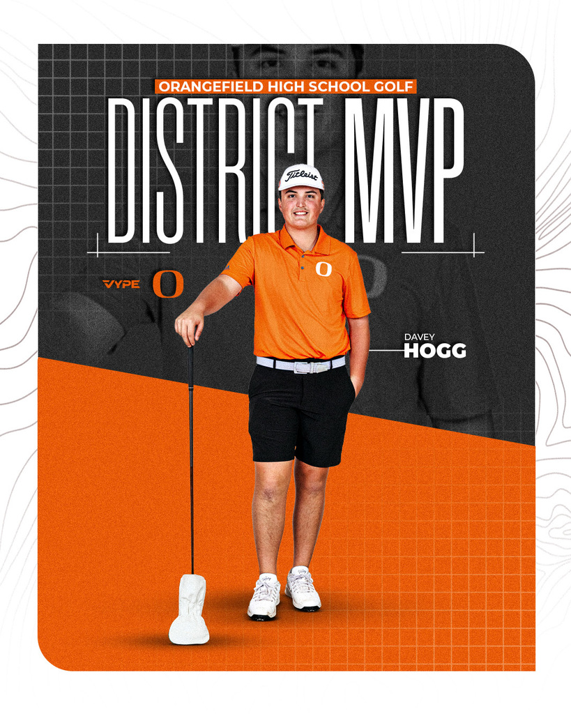 Person in orange shirt and black shorts standing on orange background with text "DISTRICT MVP".