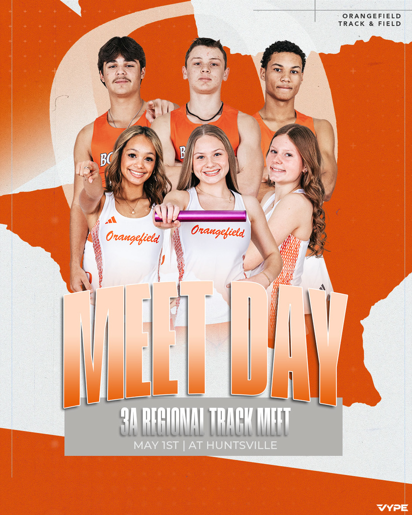 Five young adults stand in a row, wearing matching orange and white uniforms, smiling for a photo with the words "Meet Day" in bold.