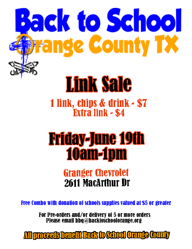 A white background features blue and red text promoting the Back to School Orange County event. Details include date, time, and location.