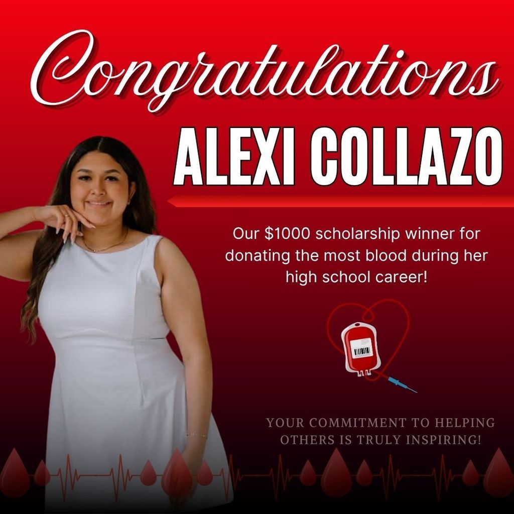 A student in a white dress stands on a red background with text. The text reads: "Congratulations, Alexi Collazo."