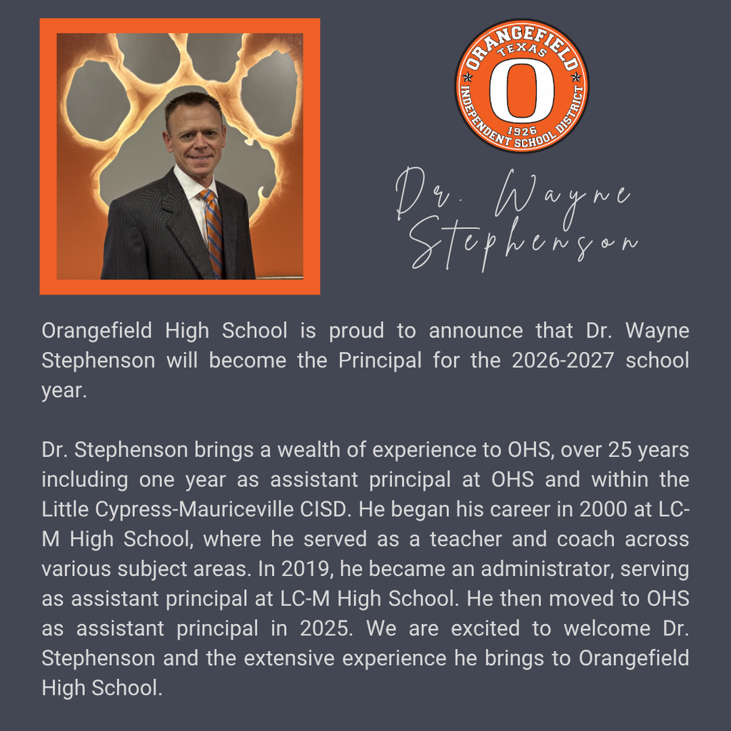 A man in a business suit and tie. Text reads "Dr. Wayne Stephenson". Background shows paw print and name of high school.