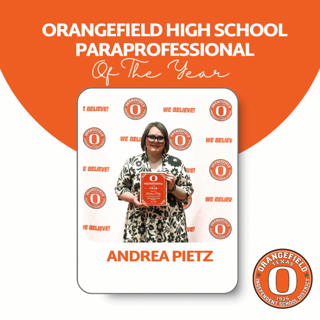 Andrea Pietz holds an award plaque, standing against an orange background with text reading "Paraprofessional of the Year."