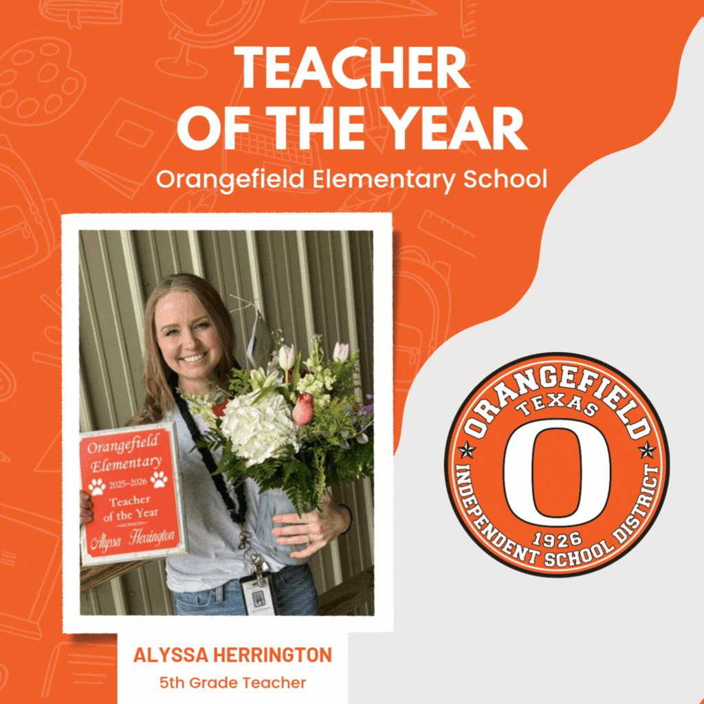 A woman holding a bouquet, standing, and smiling. Text reads "Teacher of the Year" with the name Alyssa Herrington.