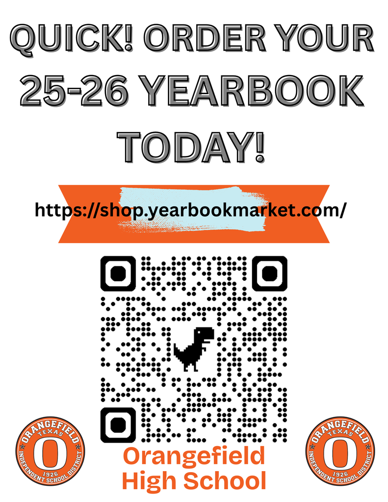 An advertisement for ordering a 25-26 yearbook, featuring a QR code, a dinosaur icon, and logos for Orangefield High School.
