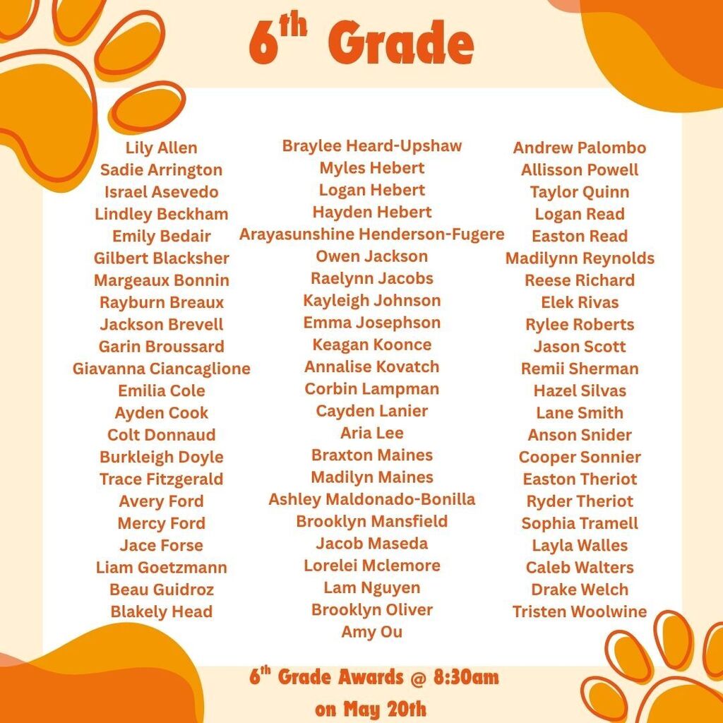 A flyer announcing 6th grade students who will be receiving an award on May 20th at OJH.