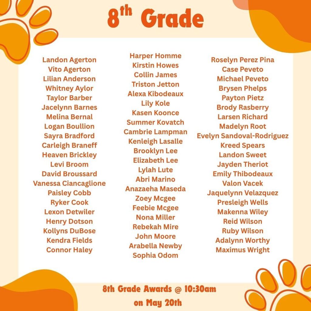 A flyer announcing 8th grade students who will be receiving an award on May 20th at OJH.
